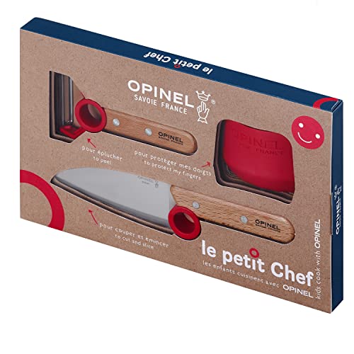 Opinel Le Petit Chef Complete 3 Piece Kitchen Set, Chef Knife With Rounded Tip, Fingers Guard, Peeler, For Children And Teaching Food Prep And Kitchen Safety, Made In France
