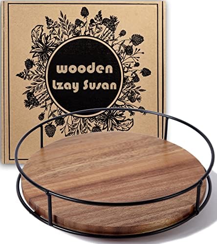  12" Acacia Wood Lazy Susan Turntable, Tomoaza Kitchen Organizer Turntable With Steel Sides, 360 Degree Turntable For Countertop Cabinet Or Dining Table(Black)