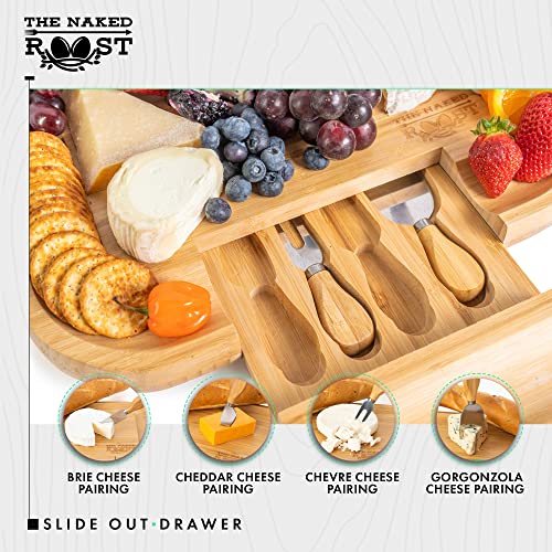  Bamboo Cheese Board And Knife Set - Wooden Charcuterie Tray With Leather Handles And Slide Out Drawer - Entertaining Essential For Wine And Cheese Lovers - Cheese Boards Charcuterie Boards