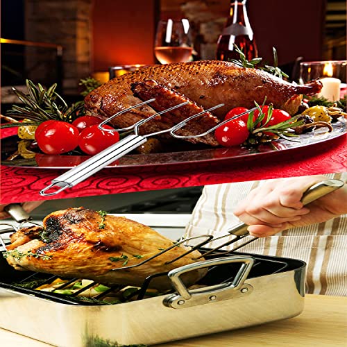  Hanksgiving Turkey & Roast Lifters, Stainless Steel Roaster Forks, Transfer Chicken Or Ham Poultry Lifters Easily, Four Needle Meat Fork, Set Of 2