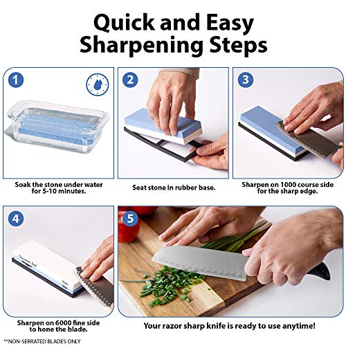  Whetstone Knife Sharpener By Gourmet Tool - 1000/6000 Knife Sharpening Stone - Waterstone 1000-6000 Grit With Non-Slip Rubber Base - Best Wet Stone Kitchen Knives Gift Ideas