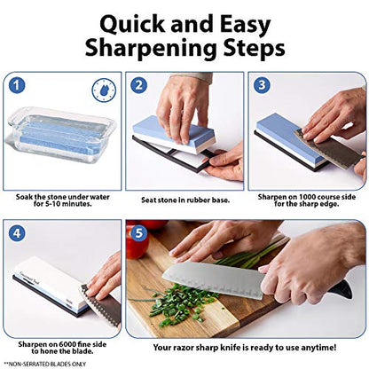  Whetstone Knife Sharpener By Gourmet Tool - 1000/6000 Knife Sharpening Stone - Waterstone 1000-6000 Grit With Non-Slip Rubber Base - Best Wet Stone Kitchen Knives Gift Ideas