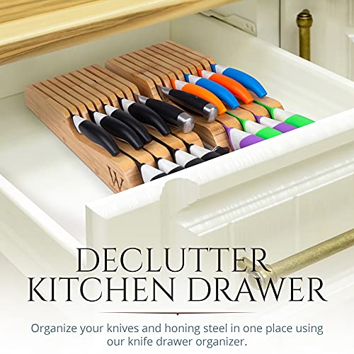  Bamboo Knife Drawer Organizer Insert - Kitchen Storage Holder For [18~26 Knives & 1~2 Honing Steel] Organization - Saves Countertop Space & Made Of Premium Quality Moso Bamboo