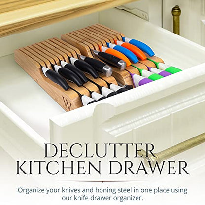  Bamboo Knife Drawer Organizer Insert - Kitchen Storage Holder For [18~26 Knives & 1~2 Honing Steel] Organization - Saves Countertop Space & Made Of Premium Quality Moso Bamboo