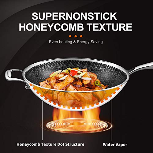  Wok Pan With Lid, 12.5 Inch Stainless Steel Woks & Stir-fry Pans With Stay Cool Handle, Flat Bottom Wok With Vertical Lid, Induction Wok, Dishwasher And Oven Safe