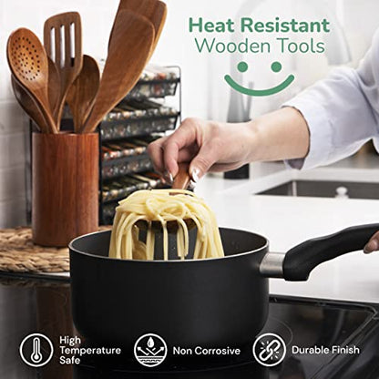  Wooden Spoons For Cooking-Kitchen Utensils Set With Holder-Nice-nook 8PCS Wooden Utensils For Cooking Made With Acacia Wood-Cooking Utensils Set Non-stick With Comfortable Soft Grip-Great House Gifts.