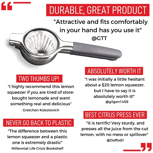  Emon Squeezer Stainless Steel Press - Ergonomic, Manual Non-Slip Grip Design - Effortless Pro-Grade Lemon, Lime, Orange, And Citrus Fruit Hand Held Juicer - Fewer Seeds, More Juice