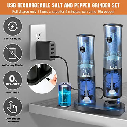  Electric Salt And Pepper Grinder Set, Automatic Salt & Pepper Mill Refillable With USB Rechargeable Base, 5 Adjustable Coarseness One Hand Operation, LED Light