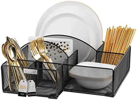 Countertop Silverware Caddy, 8 Compartment Paper Plate And Cutlery Caddy For Plates, Bowls, Forks, Spoons, Knives, Napkins, Perfect Flatware & Utensil Holder For Party, Picnic, Home, RV - Black
