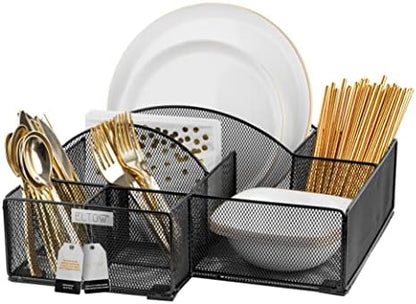  Countertop Silverware Caddy, 8 Compartment Paper Plate And Cutlery Caddy For Plates, Bowls, Forks, Spoons, Knives, Napkins, Perfect Flatware & Utensil Holder For Party, Picnic, Home, RV - Black
