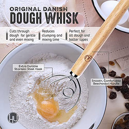  Bread Making Tools And Supplies - Set Of 2 - Danish Dough Whisk And Bench Scraper - Dough Hook With Bread Scraper - Easy To Clean - Great For Baking Homemade Sourdough, Pizza, Pastry, Cookies By LHU