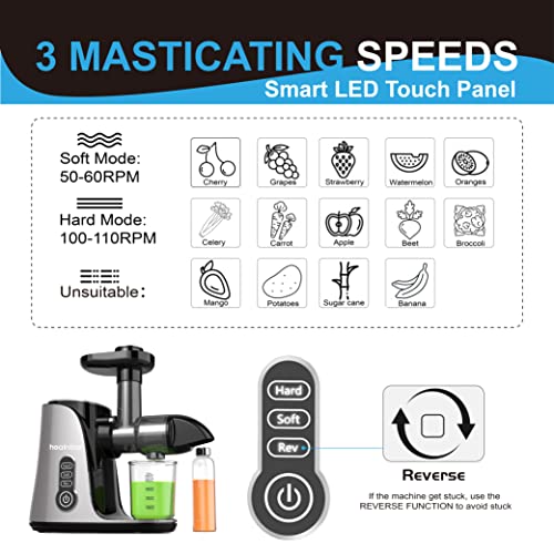  Touch LED Display Masticating Juicer Machines Vegetable And Fruit, Healnitor Cold Press Slow Juice Extractor Machines With Triple Mode, Easy To Clean Brush & Quiet Motor, 500ML Travel Bottle, Grey