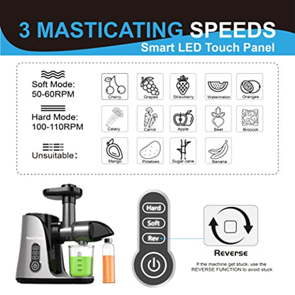  Touch LED Display Masticating Juicer Machines Vegetable And Fruit, Healnitor Cold Press Slow Juice Extractor Machines With Triple Mode, Easy To Clean Brush & Quiet Motor, 500ML Travel Bottle, Grey