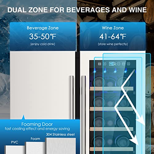  Wine And Beverage Refrigerator, 24 Inch Dual Zone Wine Fridge With Safety Locks, Under Counter Wine Cooler Beer Fridge Built-In Or Freestanding, Holds 20 Bottles And 57 Cans (Glass Door & Foam Door)