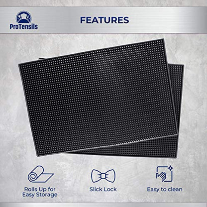  Rubber Bar Mat By ProTensils, 18" X 12", Black Bar Mats, Bar Service Mat, Black Coffee Bar Mat, Spill Mat For Counter-Top (2 Pieces)