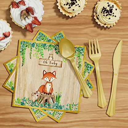  Woodland Baby Shower Decorations Supplies - 175PCS Forest Animal Disposable Dinnerware Set (25 Guest) With Gold Paper Plates Cups Napkins Plastic Fork Knives Spoon For Baby Boy Birthday Party
