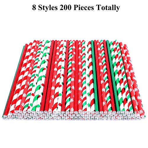  200 Pieces Christmas Foil Paper Straws Red Green White Stripe And Dots Christmas Tree Snowflake Biodegradable Drinking Straws For Christmas Party Supplies, 8 Style