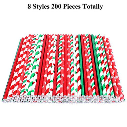  200 Pieces Christmas Foil Paper Straws Red Green White Stripe And Dots Christmas Tree Snowflake Biodegradable Drinking Straws For Christmas Party Supplies, 8 Style