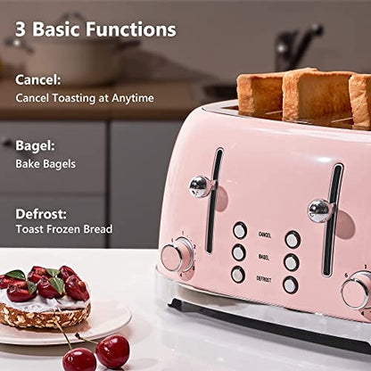 REDMOND 4 Slice Toaster Retro Stainless Steel Toasters With Bagel Defrost Cancel Function, 6 Browning Settings, Pink, ST033