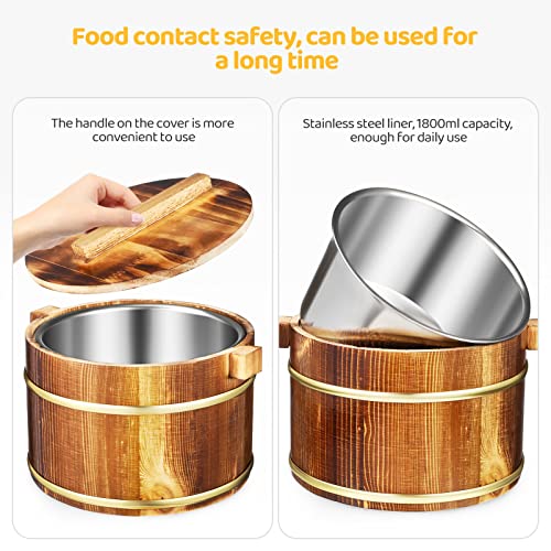  Wooden Rice Barrel Sushi Rice Bowl Tub Steamer Stainless Steel Liner Rice Bucket, Wood Cooking Steamer With Lid And Spoon, 20cm