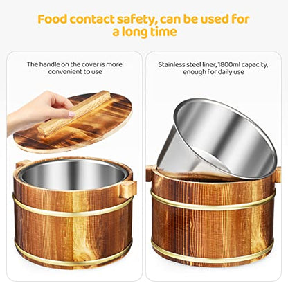  Wooden Rice Barrel Sushi Rice Bowl Tub Steamer Stainless Steel Liner Rice Bucket, Wood Cooking Steamer With Lid And Spoon, 20cm