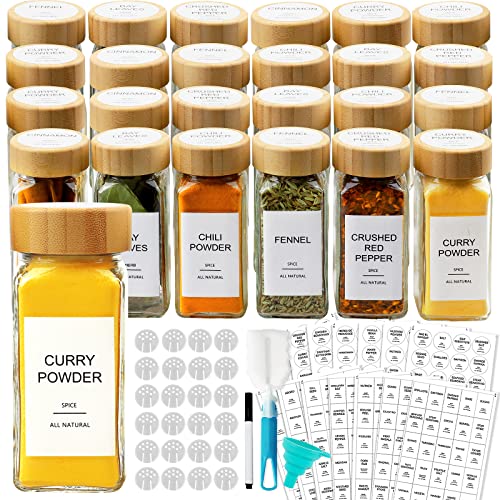  24 Pcs Glass Spice Jars With Bamboo Airtight Lids And 398 Labels, 4oz Empty Square Containers Seasoning Storage Bottles - Shaker Lids, Funnel, Brush And Marker Included