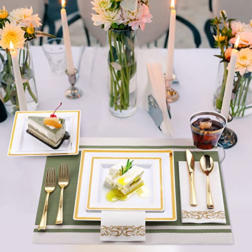  210PCS Gold Dinnerware Set 30 Guest,Gold Party Supplies,60 Gold Rim Plastic Plates-30 Gold Plastic Silverware-30 Plastic Cups-30 Linen Like Paper Napkins For Graduation, Birthday, Cocktail Party-Gold