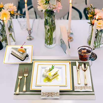  210PCS Gold Dinnerware Set 30 Guest,Gold Party Supplies,60 Gold Rim Plastic Plates-30 Gold Plastic Silverware-30 Plastic Cups-30 Linen Like Paper Napkins For Graduation, Birthday, Cocktail Party-Gold