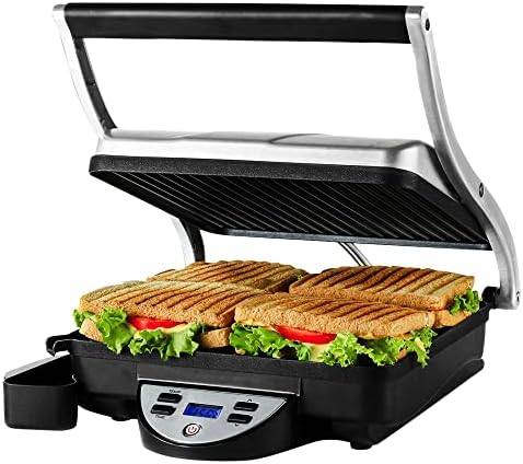  Vente Electric Panini Press Grill And Sandwich Maker With Nonstick Coated Plates, Opens 180 Degrees For Any Food, 1000W Thermostat Control Removable Drip Tray And Easy To Clean Grids, Silver GP0540BR