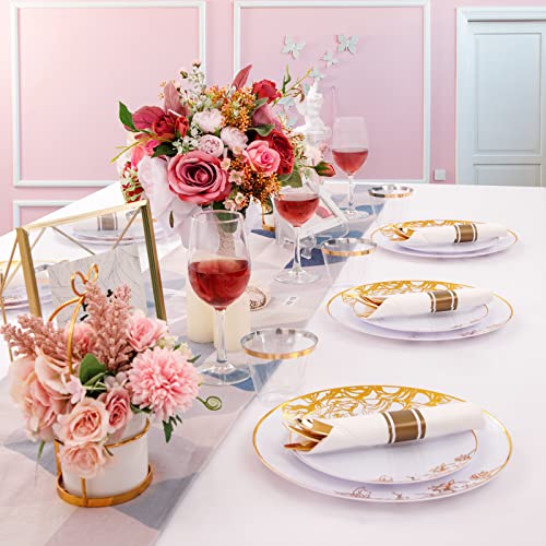  210PCS Gold Plastic Plates, Gold Disposable Dinnerware Set Includes 60 Gold & White Plates With Floral Design,30 Gold Plastic Silverware,30 Per Rolled Napkins,30 Gold Rim Cups For Mother's Day