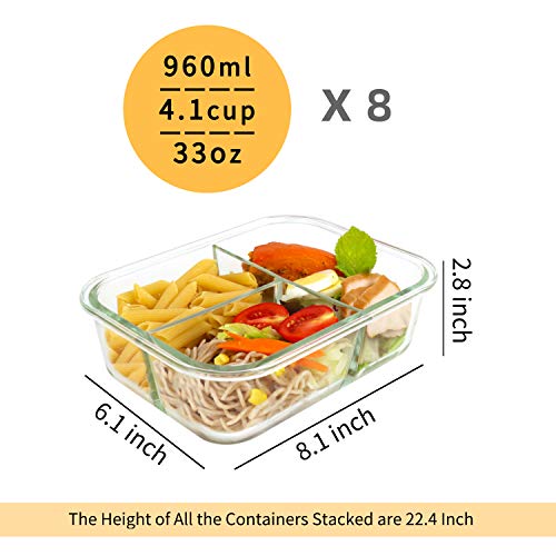  8 Pack Glass Meal Prep Containers 3 Compartment, Glass Food Storage Containers With Lids, Airtight Glass Lunch Bento Boxes, BPA-Free & Leak Proof (8 Lids & 8 Containers) - Grey
