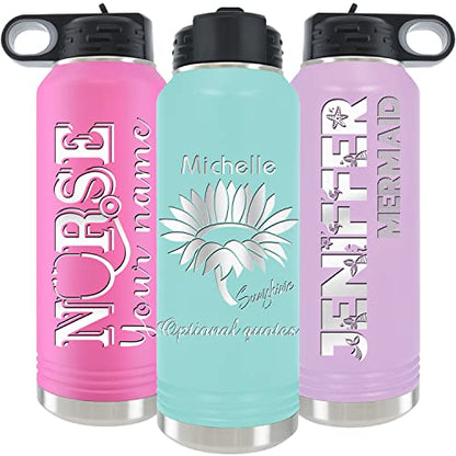  Nalized Water Bottle 40oz/32oz With Flip-Top Lid And Straw, Customized Vacuum Insulated Water Flask, Stainless Steel Sports Double Wall Thermos, Name/Text Engraved By IProductsUS (Teal)