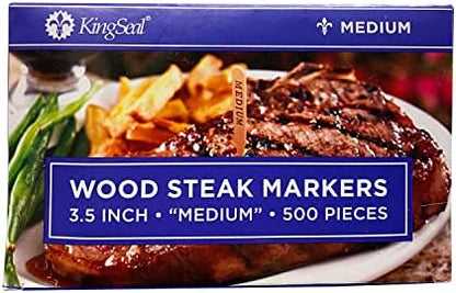  KingSeal 3.5 Inch Natural Birch Wood Steak Markers, Heat Stamped, MED Well, Eco-Friendly, Bulk Pack - 500 Count Per Box