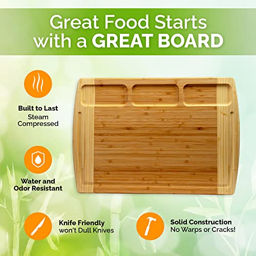  Organic Bamboo Cutting Board For Kitchen With Built-In Compartments And Juice Groove - Wooden Chopping Board For Meat, Cheese Charcuterie Board With Handles, (Medium And XL)