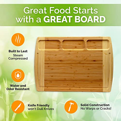  Organic Bamboo Cutting Board For Kitchen With Built-In Compartments And Juice Groove - Wooden Chopping Board For Meat, Cheese Charcuterie Board With Handles, (Medium And XL)