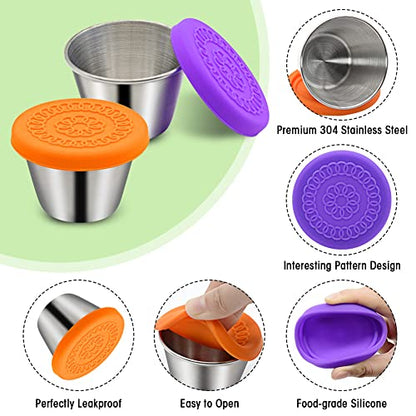  6Pack 2.4oz Small Condiment Containers With Lids, Salad Dressing Container To Go, Stainless Steel Sauce Container With Silicone Lids, Leakproof, Reusable, Small Dipping Sauce Cups With Lids