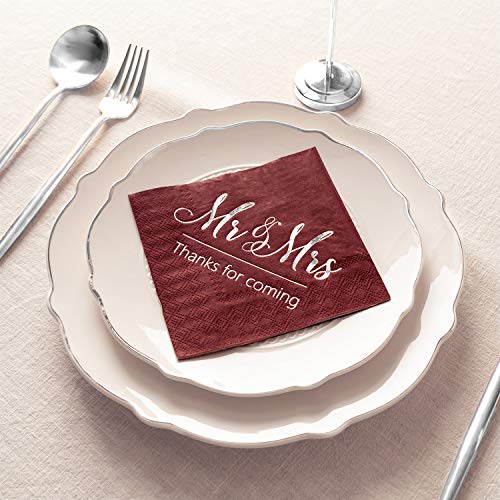  Wedding Napkins Mr Mrs Burgundy Silver Cocktail Beverage Dessert Disposable Napkins For Wedding Shower Engagement Party Decorations, Wedding Table Decor, 100 Pcs, 3-Ply