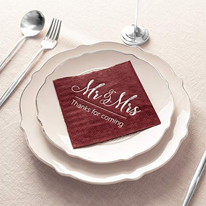  Wedding Napkins Mr Mrs Burgundy Silver Cocktail Beverage Dessert Disposable Napkins For Wedding Shower Engagement Party Decorations, Wedding Table Decor, 100 Pcs, 3-Ply