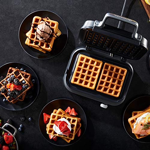 Intellicrisp Belgian Waffle Maker With LED Display Timer And Ceramic Cooking Plates, Makes 2 Waffles, Dark Stainless Steel