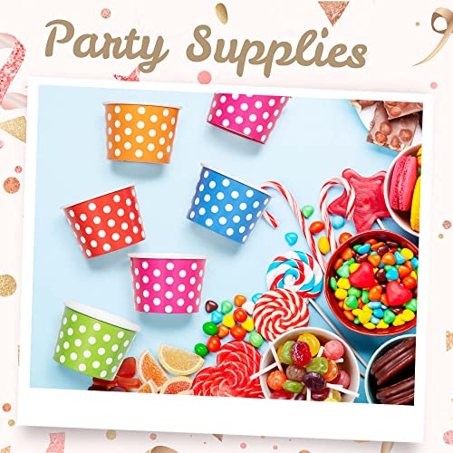  Paper Ice Cream Cups - 50-Count 4-Oz Disposable Dessert Bowls For Hot Or Cold Food, 4-Ounce Party Supplies Treat Cups For Sundae, Frozen Yogurt, Soup, 5 Colors, Polka Dots