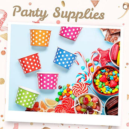  Paper Ice Cream Cups - 50-Count 4-Oz Disposable Dessert Bowls For Hot Or Cold Food, 4-Ounce Party Supplies Treat Cups For Sundae, Frozen Yogurt, Soup, 5 Colors, Polka Dots