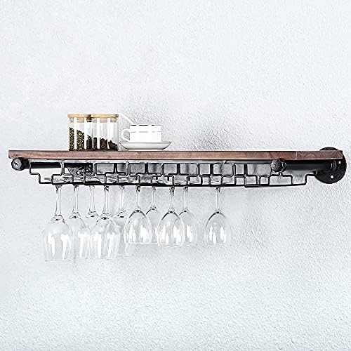  Industrial Pipe Shelving Hanging Stemware Racks,Rustic Wall Mounted Wine Rack With 8 Glass Holder,Steampunk Iron Floating Bar Shelves Stemware Holder,36in Metal Real Wood Shelf Wall Shelf