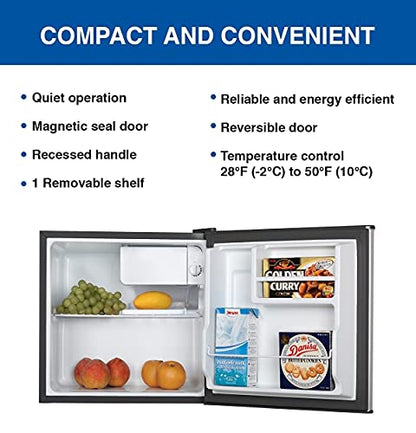  Stainless Steel Compact Fridge With Freezer, 1.6 Cubic Feet (44 L) Capacity For Snacks, Frozen Meals, Beverages, Juice, Beer, Den, Dorm, Office, Games Room, Or RV