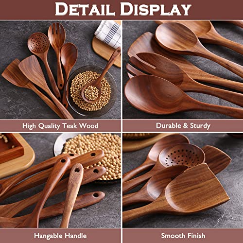  Wooden Spoons For Cooking, 6 Pcs Wooden Utensils For Cooking, Natural Teak Wood Non-Stick Cooking Spoons, Comfort Grip Wood Utensils Set For Kitchen