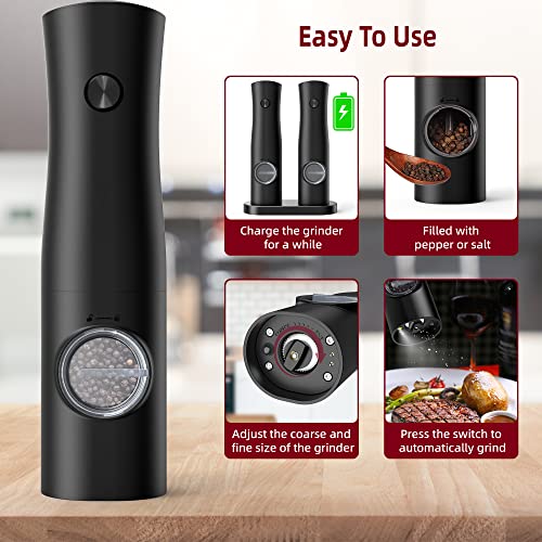  Electric Salt And Pepper Grinder Set Rechargeable Automatic Black Salt & Pepper Mill 2 Pcs With Charging Base, Type-C USB Cables, LED Lights, Adjustable Coarseness, One Hand Operation