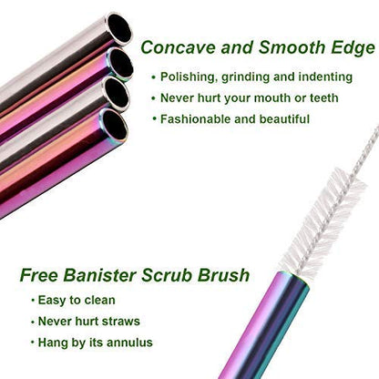  Metal Straws Drinking Straws 10.5" Stainless Steel Straws Reusable 8 Set - Ultra Long Rainbow Color-Cleaning Brush For 20/30 Oz For Yeti