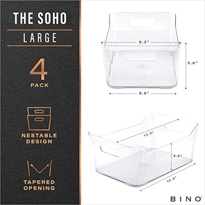  | Plastic Organizer Bins, Large - 4 Pack | The SOHO Collection | Multi-Use Organizer Bins | Pantry Organizer & Freezer Organizer Bins | Plastic Storage Containers | Bins For Home & Kitchen Org