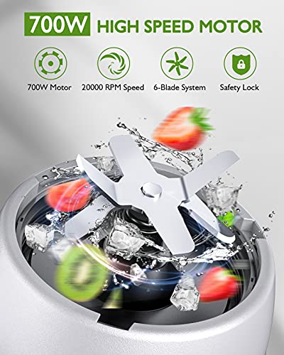  Personal Blender For Shakes And Smoothies, 700W 6-Blade Smoothie Blender For Frozen Fruit And Ice, With 1 28 Oz Travel Bottle, 1 To-Go Lid, BPA Free & Dishwasher Safe (Gray/Silver)