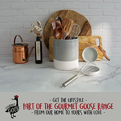  Utensil Holder – Crock - Caddy - Extra Large Ceramic Organizer For Kitchen Countertop - Modern Or Rustic Farmhouse Decor - Gray & Natural White - Jar Holds All Spatulas, Spoons & Tools