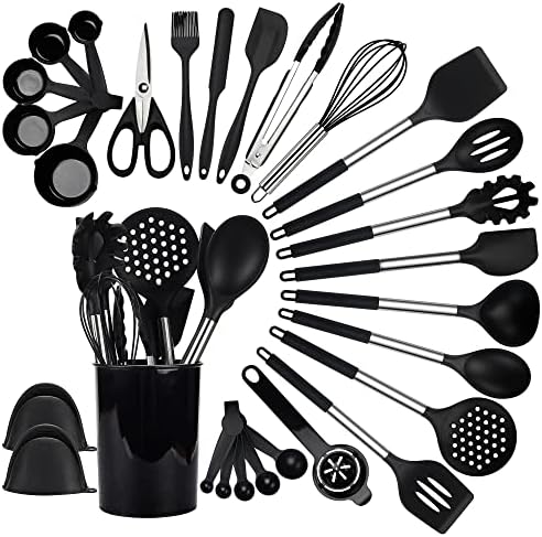  Silicone Kitchen Utensil Set, 28 Pcs Non-Stick Cooking Utensils Set With Holder, Tongs, Spatula, Whisk, Measuring Cups And Spoons Set With Stainless Steel Handle Kitchen Gadgets (Light Green)